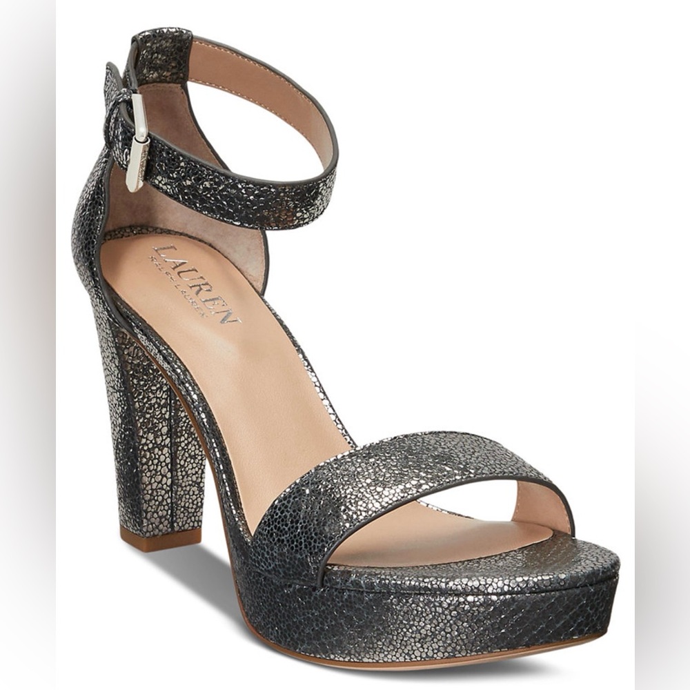 Lauren Ralph Lauren Sylvia Platform Sandals in Faux Metallic Python Grey 5.5 NIB
